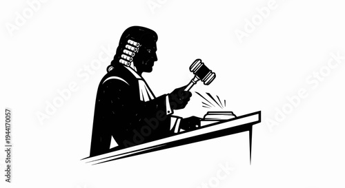 Silhouette of a judge in wig and robe striking a gavel on a block