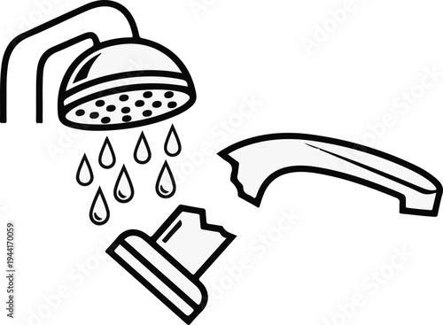 A showerhead with water drops and broken handle components
