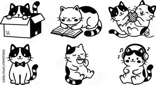 Cute cartoon cats playing with yarn drinking tea wearing bowtie listening music in relaxed poses vector art