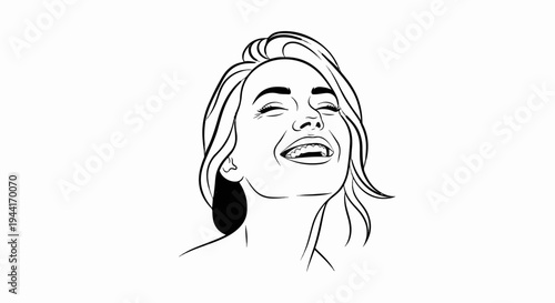 Black and white line drawing of a woman laughing with eyes closed