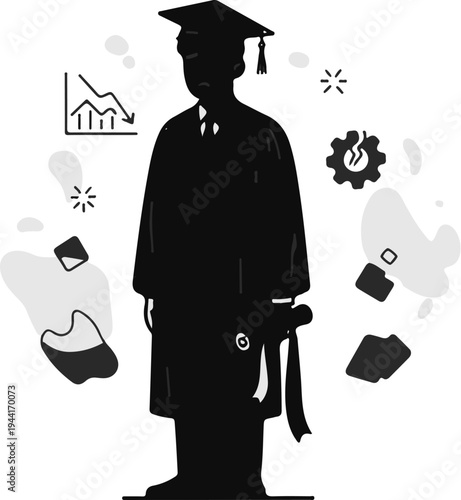 Silhouette of graduate with career concerns, broken gear, and declining chart