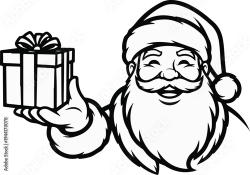 Cartoon Santa Claus character wearing a hat and holding a gift box