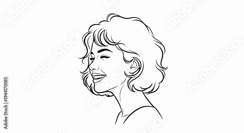 Black and white line drawing of a smiling woman with curly hair, looking to the left
