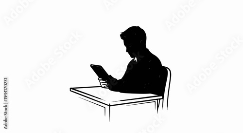 Silhouette of a person sitting at a desk, holding and looking at a tablet