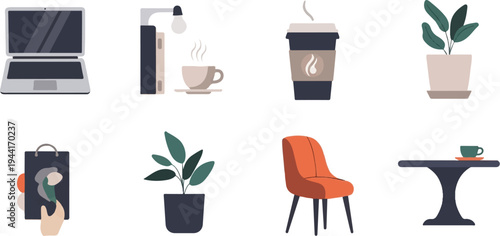 Flat lay illustration of items for work, study, and relaxation at home