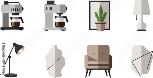 Collection of flat design icons of home decor objects and appliances