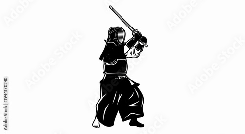 Kendo practitioner in protective gear poised with sword