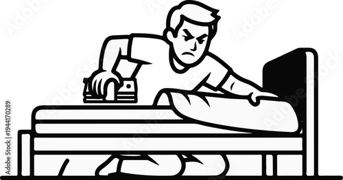 Man ironing clothes on a bed, looking frustrated