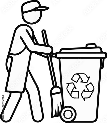 Sanitation worker with broom and recycling bin