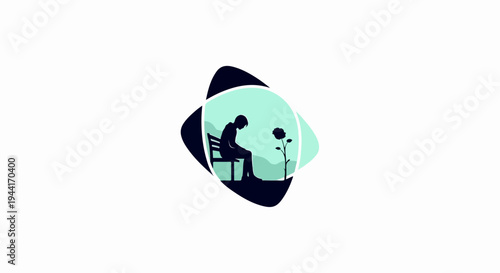 Silhouette of person on bench looking at a wilting flower