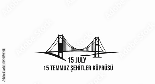 Black silhouette of a suspension bridge with text below