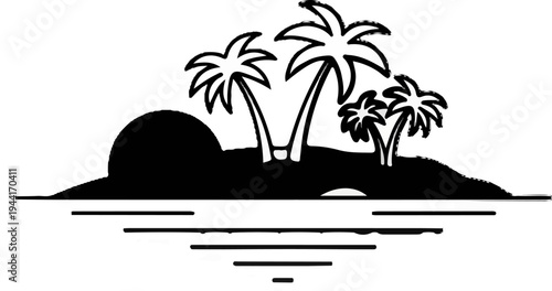 Silhouette of a tropical island with palm trees and sun setting over water