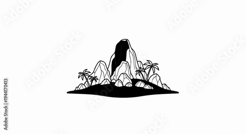 Stylized volcanic island with palm trees and rocky terrain