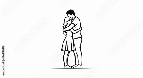 Couple embracing, black outline sketch on white