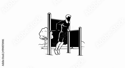 Person performing dip exercise on parallel bars outdoors with trees in background