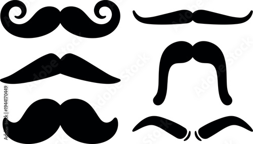 Collection of six flat design black silhouette mustache shapes vector art with curvy and straight styles for vintage and costume design projects