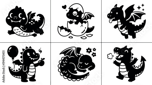 Cute black silhouette cartoon dragons sleeping flying holding balloon and apple baby hatching breathing fire adorable vector art set