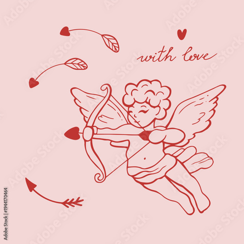 Whimsical wedding and valentines day cupid with arrow and hearts. Doodle vector illustration. Coquette charming linear art. Red sketch doodle illustration