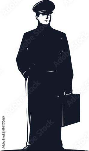 A uniformed person in dark attire stands with a briefcase