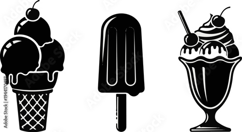 Three stylized black and white illustrations of frozen treats ice cream cone, popsicle, and sundae