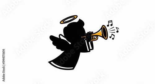 Black silhouette angel with a halo plays a golden trumpet with musical notes