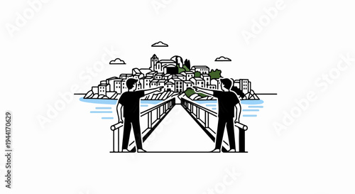 Two individuals point towards a picturesque town across a tranquil bay from a bridge