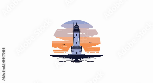Stylized lighthouse on the water against a sunset sky with clouds