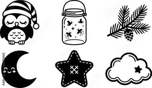 Cute sleepy owl with nightcap moon star cloud pine branch and jar with fireflies vector black icons set