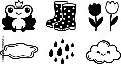 Cute smiling frog with crown next to polka dot rain boots two tulip flowers water puddle raindrops and happy cloud vector icons