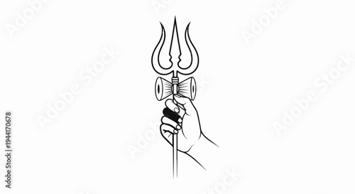 Line art of a hand holding a trident with a damaru