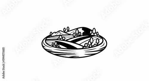 Stylized panoramic landscape with rolling hills and scattered trees within an oval frame