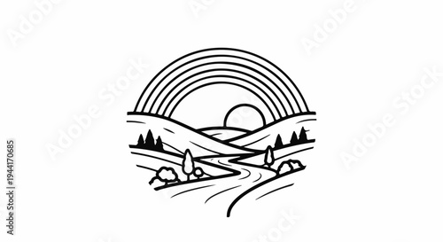 Stylized landscape with sun, rainbow, river, hills and trees
