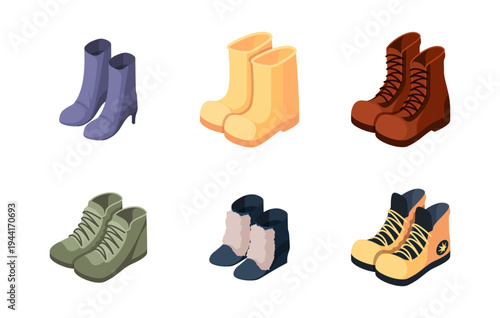 Women boots for autumn and winter seasons. Vector isometric collection of warm footwear with modern shapes. Seasonal fashion and shoes variety. Wardrobe essentials design for store catalog