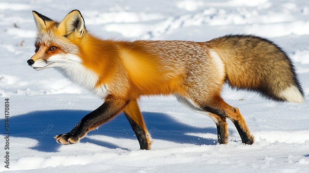 Obraz premium Graceful red fox exploring a snowy landscape, fluffy tail trailing behind in a winter wonderland.