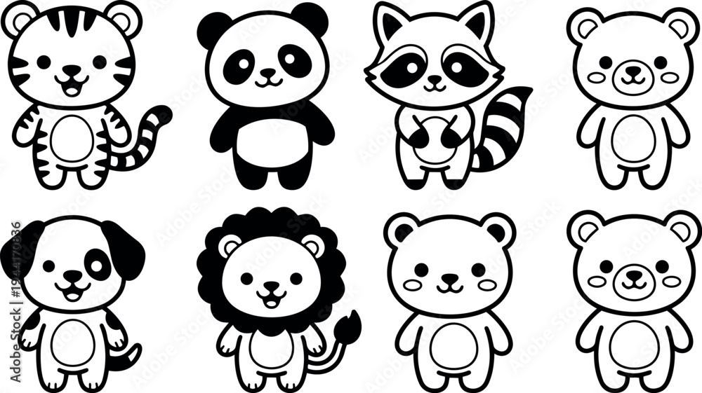 Fototapeta premium Cute black and white kawaii style tiger panda raccoon dog lion and bear cartoon animal icons set