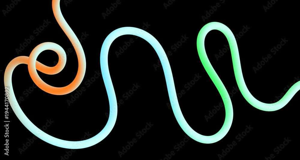 Obraz premium Dynamic Colorful Doodle Style Background with Curved Wave Gradient Lines and 3D Rainbow Ribbons.