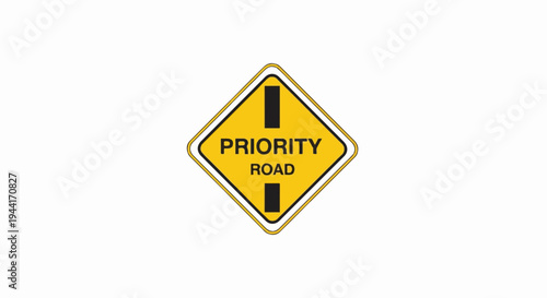Yellow diamond road sign with black text "PRIORITY ROAD" and vertical bars