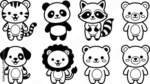 Cute black and white kawaii style tiger panda raccoon dog lion and bear cartoon animal icons set