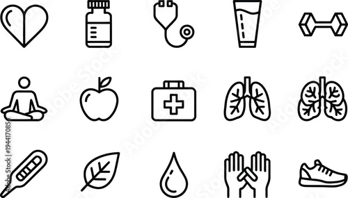 Adobe Illustrator ArtworkMinimalist black and white icons representing health and wellness, featuring a heart, medicine bottle, stethoscope, and dumbbells
