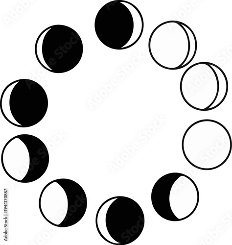 Circular diagram illustrating the cycle of moon phases with shading