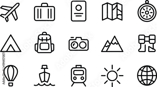 Simple black line icons for travel and adventure, showcasing an airplane, suitcase, map, compass, and mountains