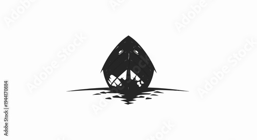 Dark ship bow emerges from stylized water, simple graphic