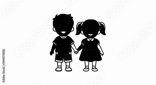 Two simple cartoon children, a boy and a girl, holding hands and smiling