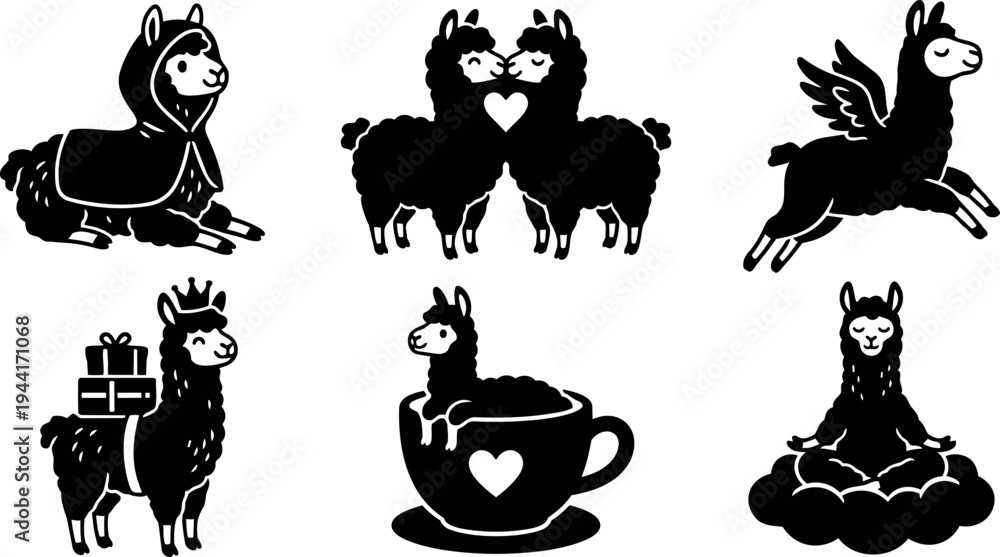 Obraz premium Cute black silhouette llamas in various poses including sleeping wearing hood carrying gifts kissing and meditating on cloud vector art