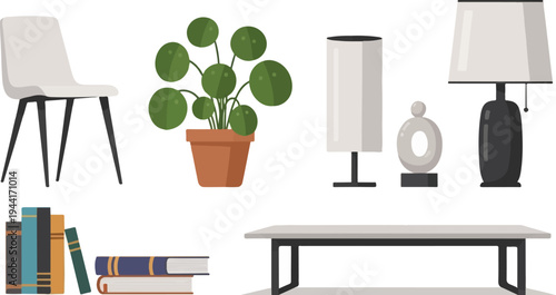 Minimalist indoor scene with furniture, books, a plant, and lamps