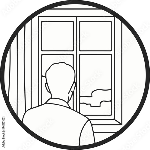 Person in outline gazing out a window, framed by a circle