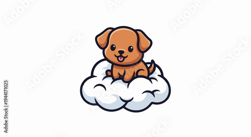 Cute cartoon puppy sitting happily on a fluffy white cloud