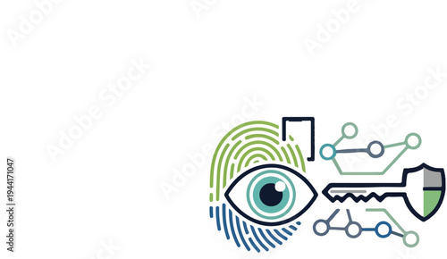 Abstract security icons eye, fingerprint, key, shield, and network nodes