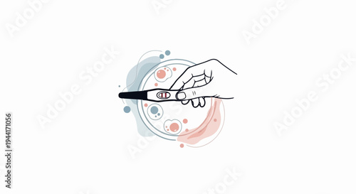 Hand holding pregnancy test with abstract biological elements