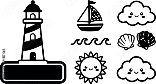 Cute black and white kawaii lighthouse sun sailboat smiling clouds and shells vector cartoon clipart set with friendly faces and waves